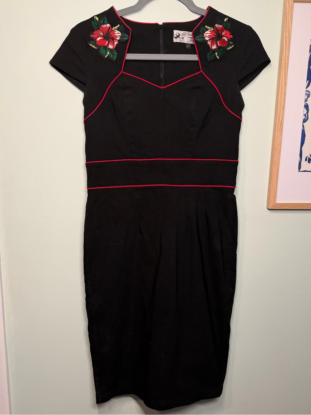 Hell Bunny Vixen Black Midi Dress with Red Piping and Floral Embroidery